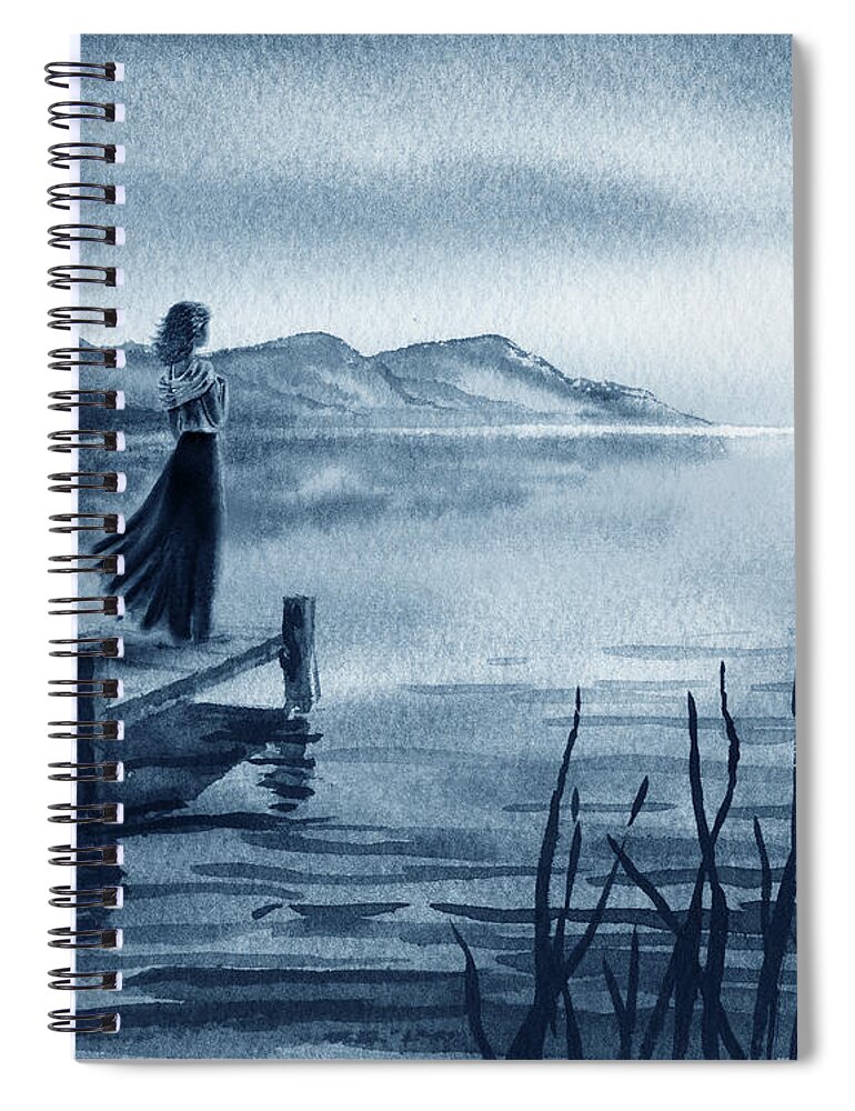 Girl Spiral Notebook featuring the painting Blue Evening Sunset Girl At The Lake Seascape Watercolor by Irina Sztukowski