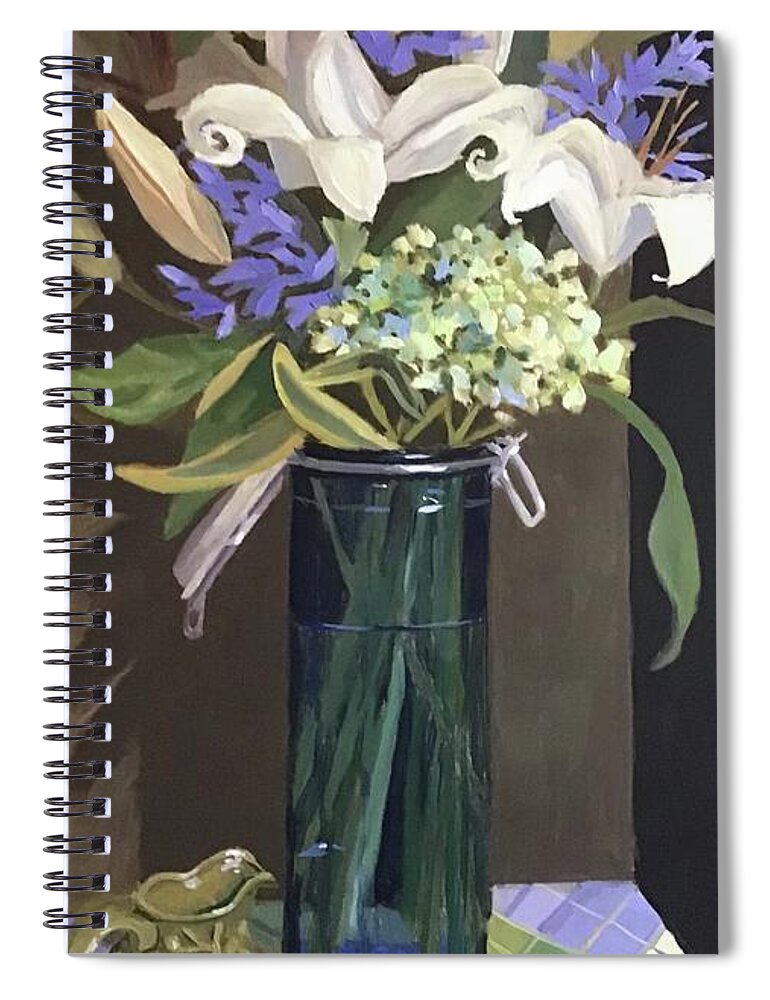 Lily Spiral Notebook featuring the painting Blue Glass Canister with Lillies by Anne Marie Brown