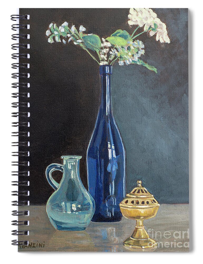 Taste Spiral Notebook featuring the painting Blue Glass Wine Bottle with Flowers Water Jug and Censer Still Life by Pablo Avanzini