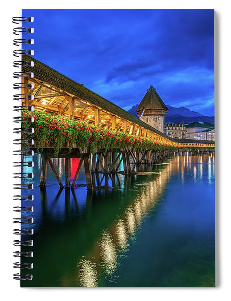 City Spiral Notebook featuring the digital art Blue Hour at the Chapel Bridge by Kevin McClish