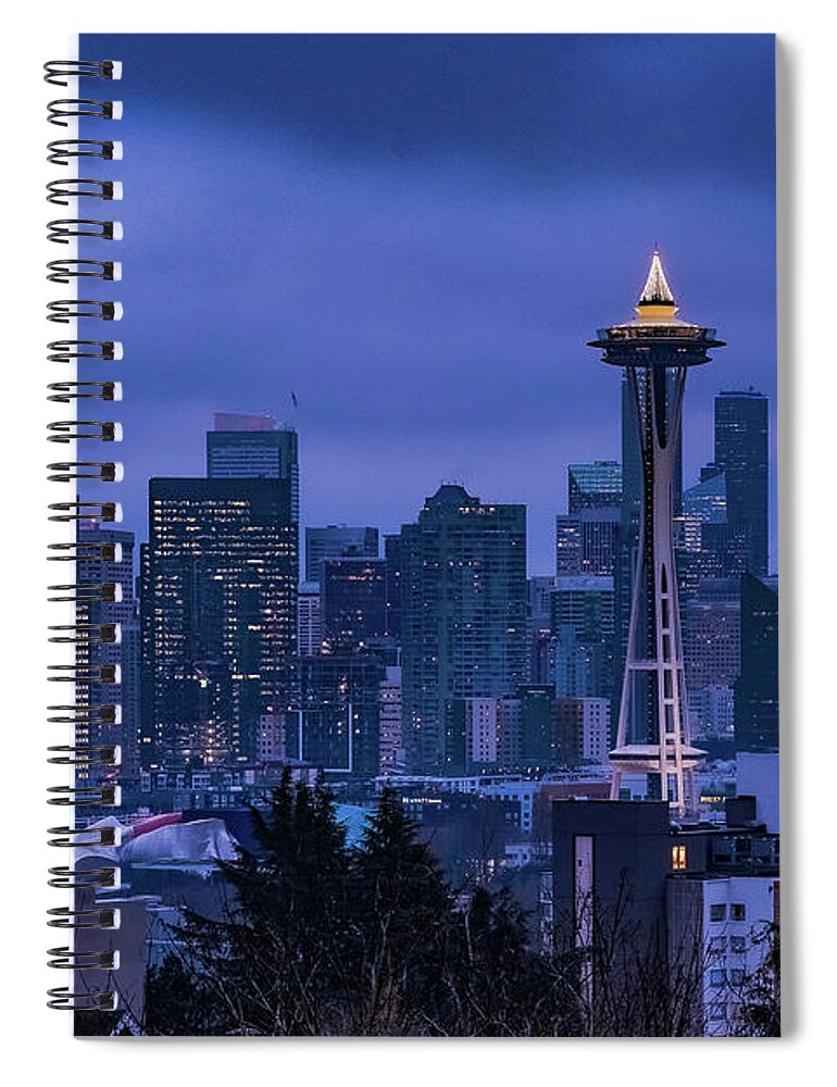Morning Blue Hour; Kerry Park; Seattle Skyline; Seattle Cityscape; Space Needle; Autumn; Fall Spiral Notebook featuring the photograph Blue Hour Serenity by Emerita Wheeling