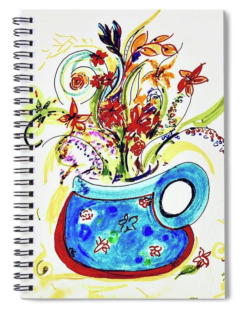 Still Life Spiral Notebook featuring the painting Blue Pot Of Flowers by Alida M Haslett