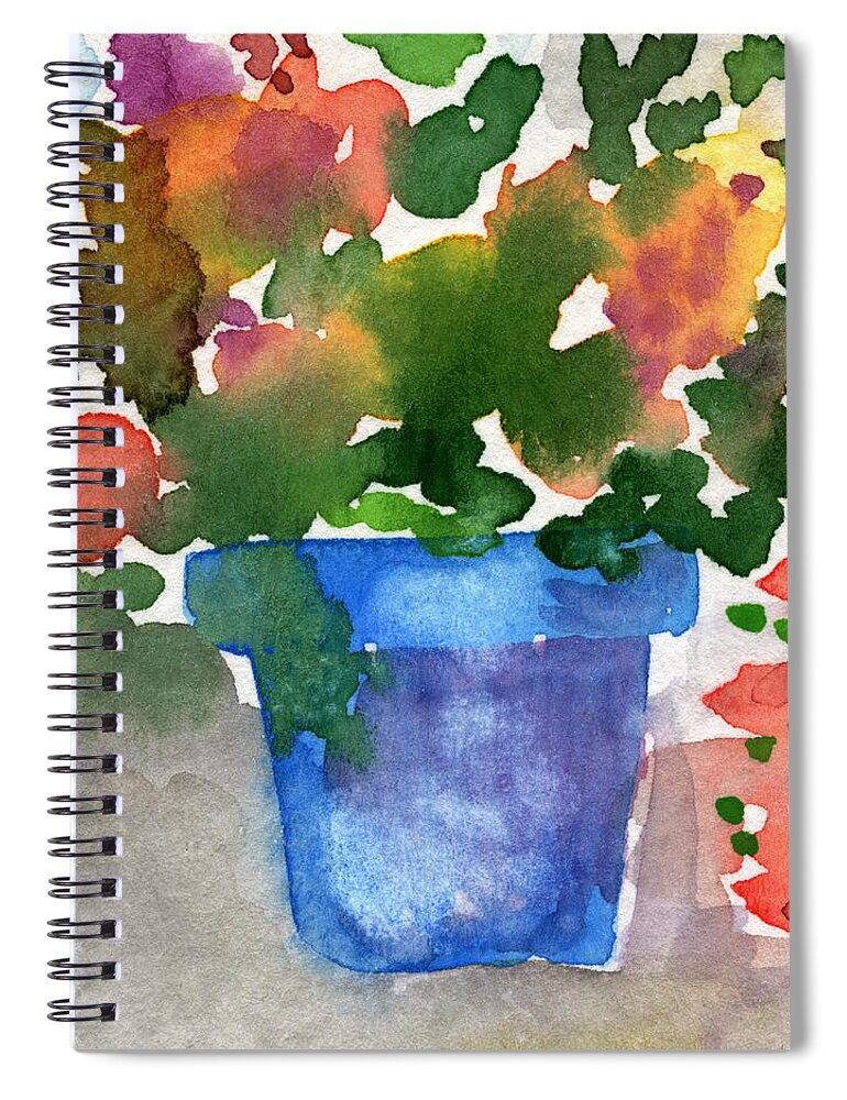Flower Painting Spiral Notebook featuring the painting Blue Pot Of Flowers by Linda Woods