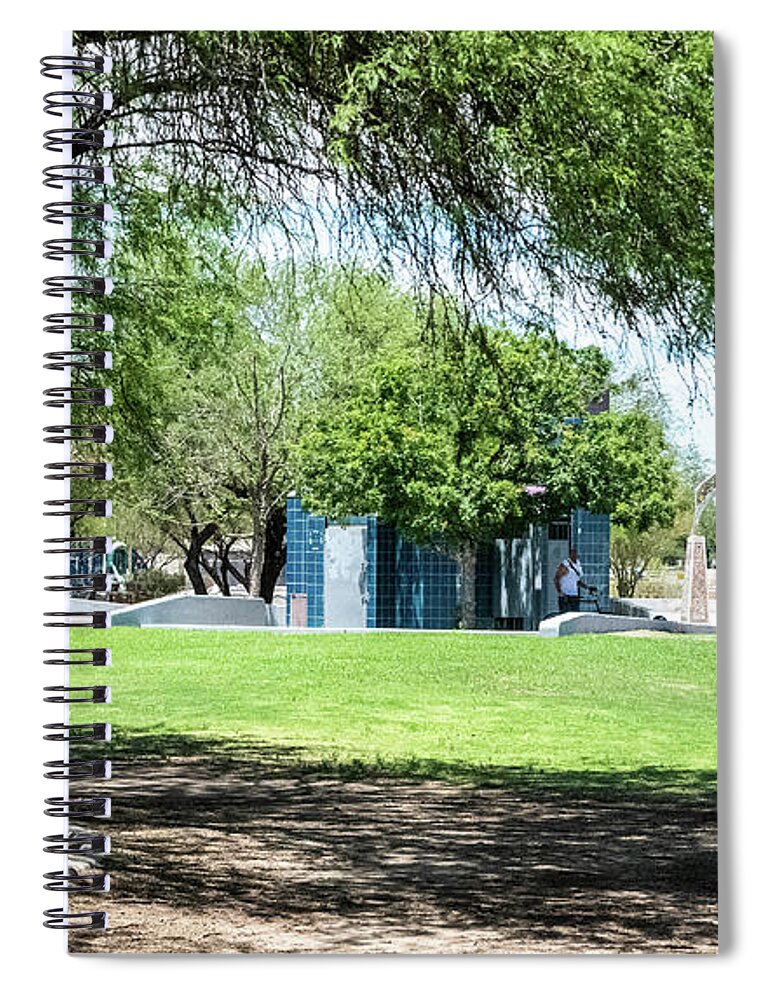 Blue Restrooms And Memorial Arches Spiral Notebook featuring the photograph Blue Restrooms and Memorial Arches by Tom Cochran