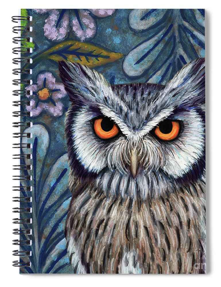Owl Spiral Notebook featuring the painting Blue Scops Owl Floral by Amy E Fraser