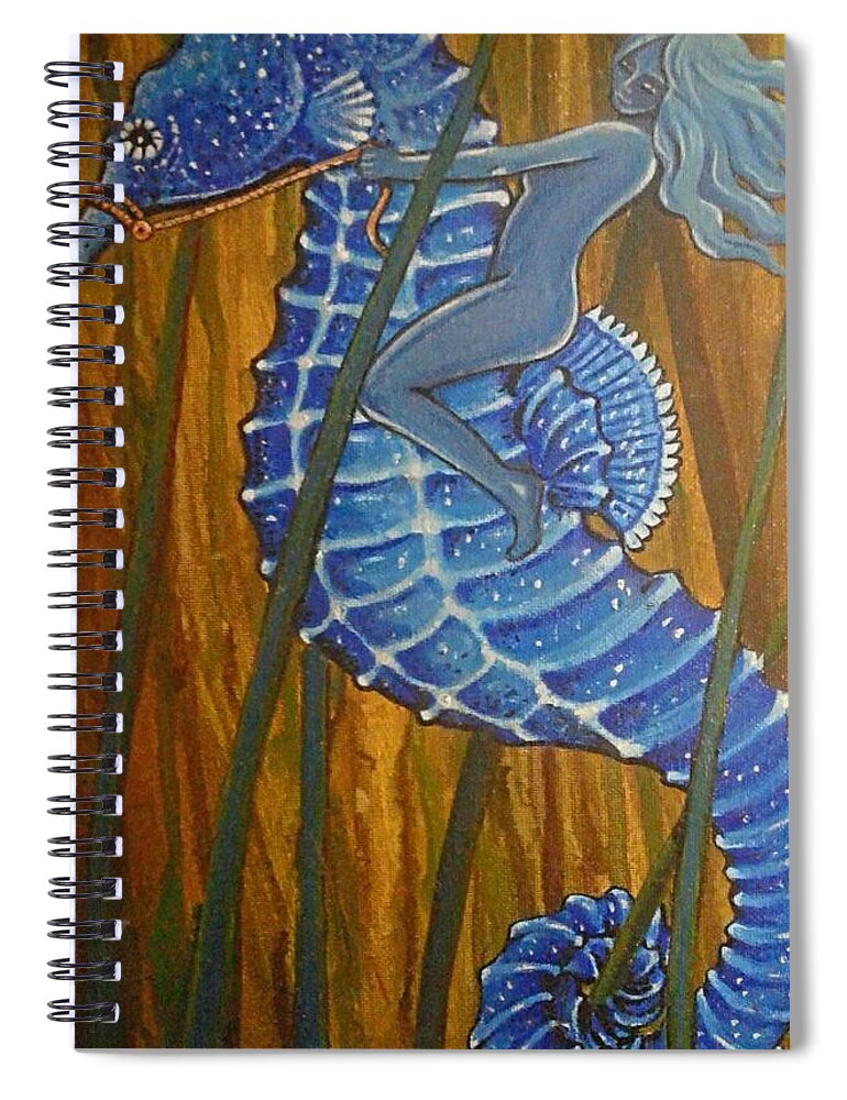 Seahorse Spiral Notebook featuring the painting Blue Seahorse Rider of Near by James RODERICK