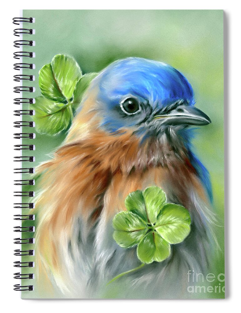 Bird Spiral Notebook featuring the painting Bluebird for Happiness and Lucky Clover by MM Anderson