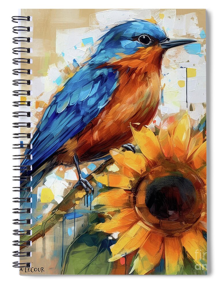 Bluebirds Spiral Notebook featuring the mixed media Bluebird Perched Upon The Sunflower by Tina LeCour