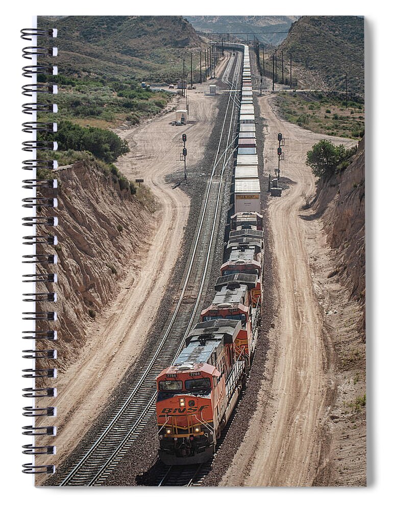 Railroad Spiral Notebook featuring the photograph BNSF 7784 leads three other units west at Cajon Pass by Jim Pearson