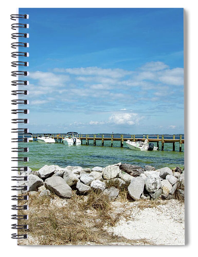 Rock Spiral Notebook featuring the photograph Boat Dock on the Sound by Beachtown Views