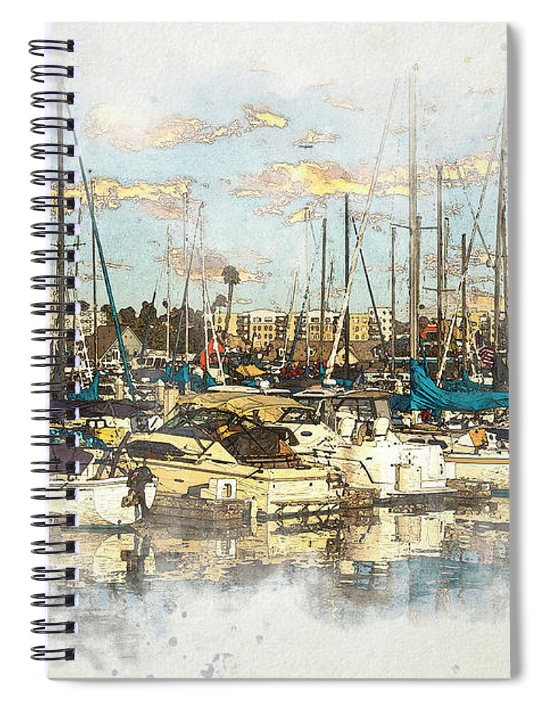 Boats Spiral Notebook featuring the digital art Boats at the Marina Sketch by Alison Frank