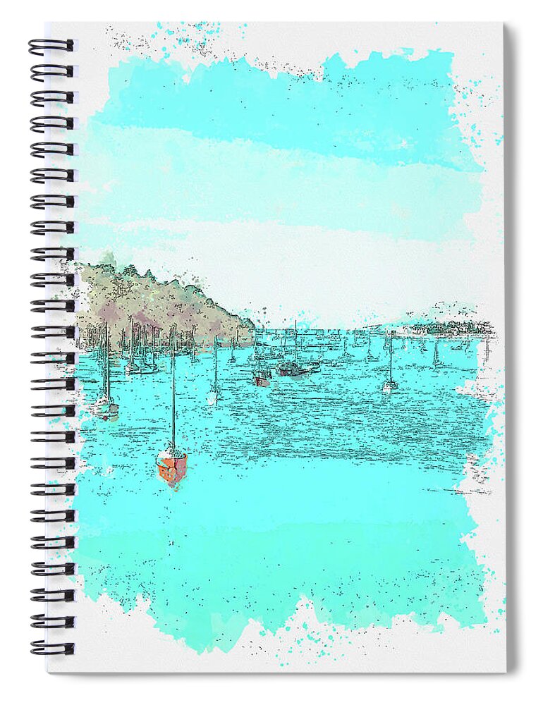Boats Floating On Bay Watercolor Spiral Notebook featuring the painting Boats Floating on Bay by Celestial Images