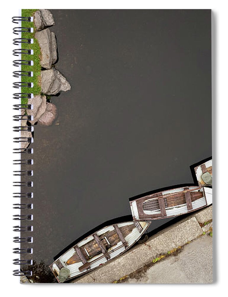 Minimal Spiral Notebook featuring the photograph Drone aerial of Boats on the river in a lake by Michalakis Ppalis