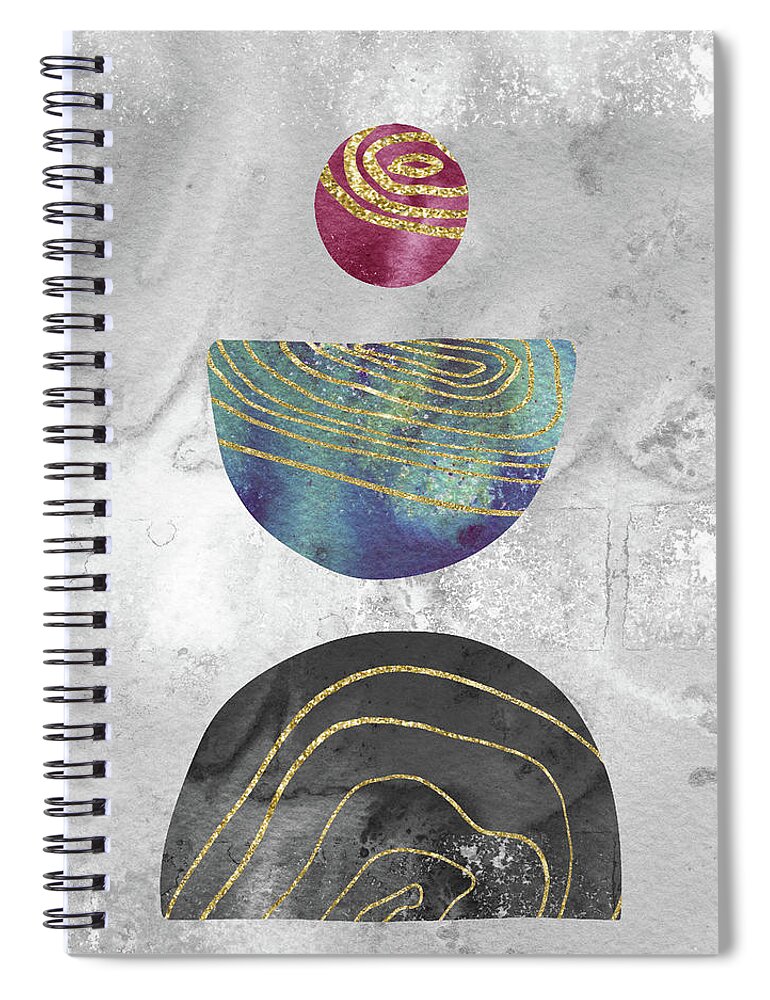 Boho Shapes Spiral Notebook featuring the painting Boho Shapes And Silhouettes Gilded Watercolor Zen Rocks I by Irina Sztukowski