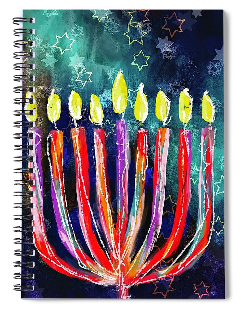 Hanukkah Spiral Notebook featuring the mixed media Bold Festival Of Lights- Art by Linda Woods by Linda Woods
