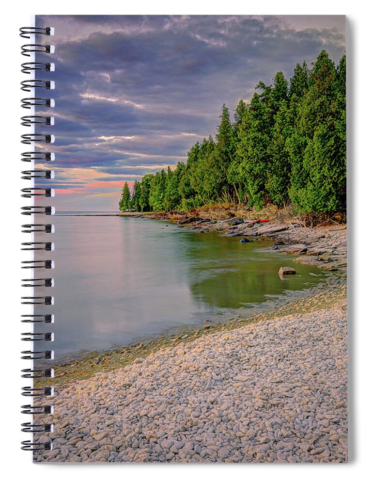 #door County #wisconsin #washington Island #little Lake #travel #summer #afternoon #hiking #conservation #water #contemplation #history #lake Michigan #great Lakes #beach #stone Beach #sunrise #dawn Spiral Notebook featuring the photograph Boos Dawn by David Heilman