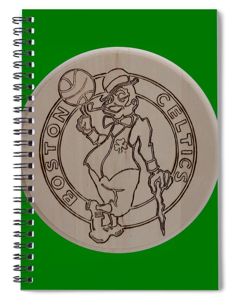 Wood Burned Art Spiral Notebook featuring the pyrography Boston Celtics est 1946 by Sean Connolly