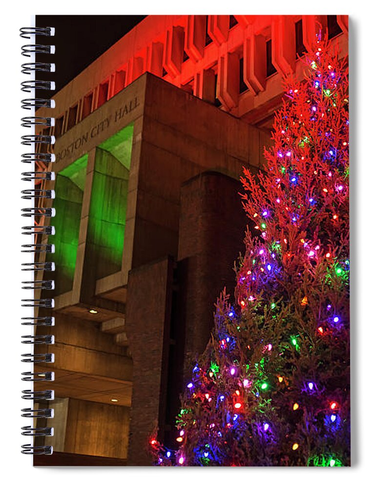 Boston Spiral Notebook featuring the photograph Boston City Hall Plaza Christmas Tree City Hall lit up in Green and Red by Toby McGuire