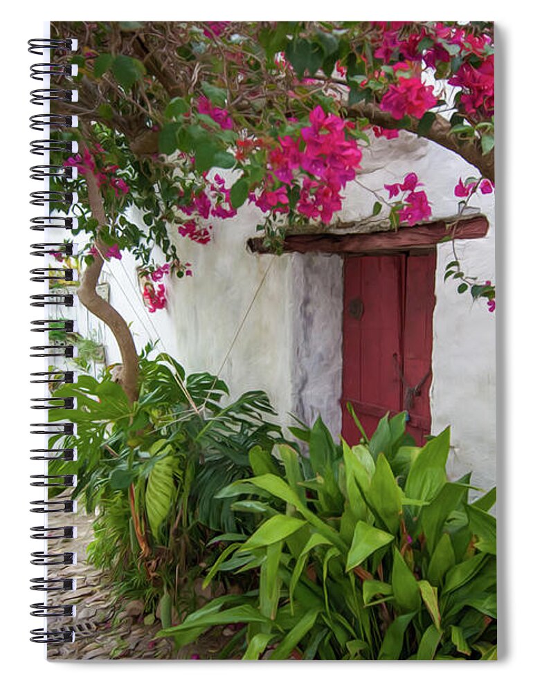 Spain Spiral Notebook featuring the digital art Bougainvillea Flowers on the street of Spain by Naomi Maya