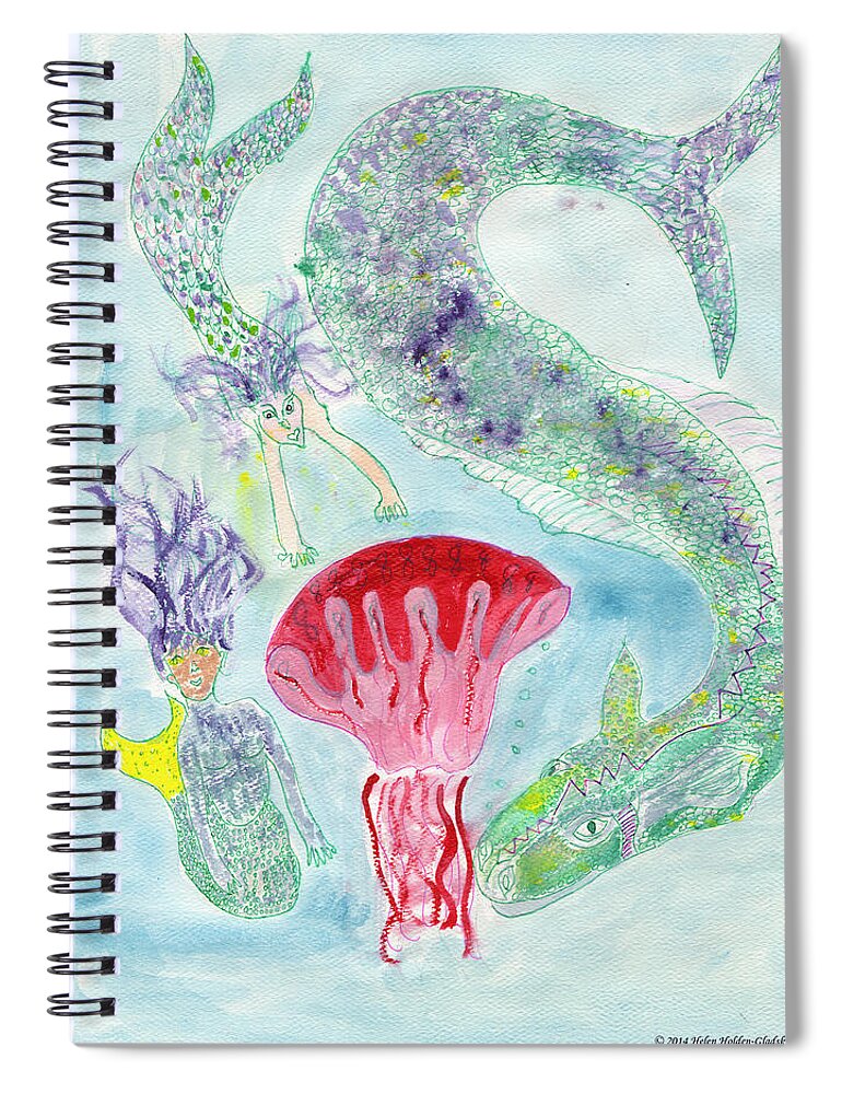 Mermaids Spiral Notebook featuring the painting Box Jelly and Mermaids by Helen Holden-Gladsky