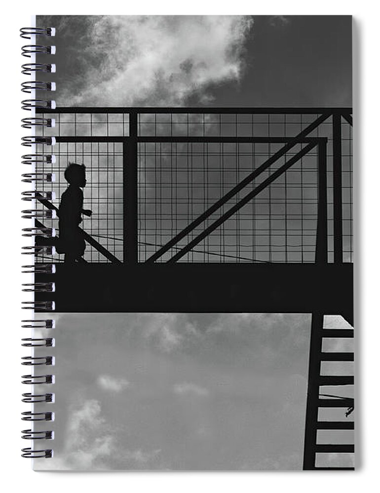 Silhouette Spiral Notebook featuring the photograph Boy running on highway bridge in Guatemala BW by Tatiana Travelways