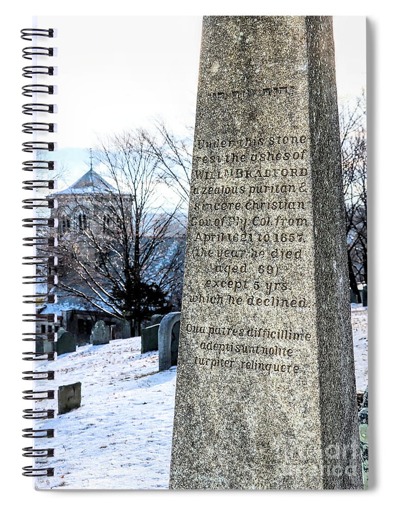 Governor William Bradford Spiral Notebook featuring the photograph Bradford gravesite with view of First Parish Church by Janice Drew