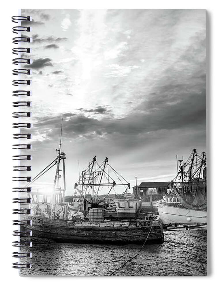Norfolk Spiral Notebook featuring the photograph Brancaster Norfolk fishing trawlers at sunrise BW by Simon Bratt