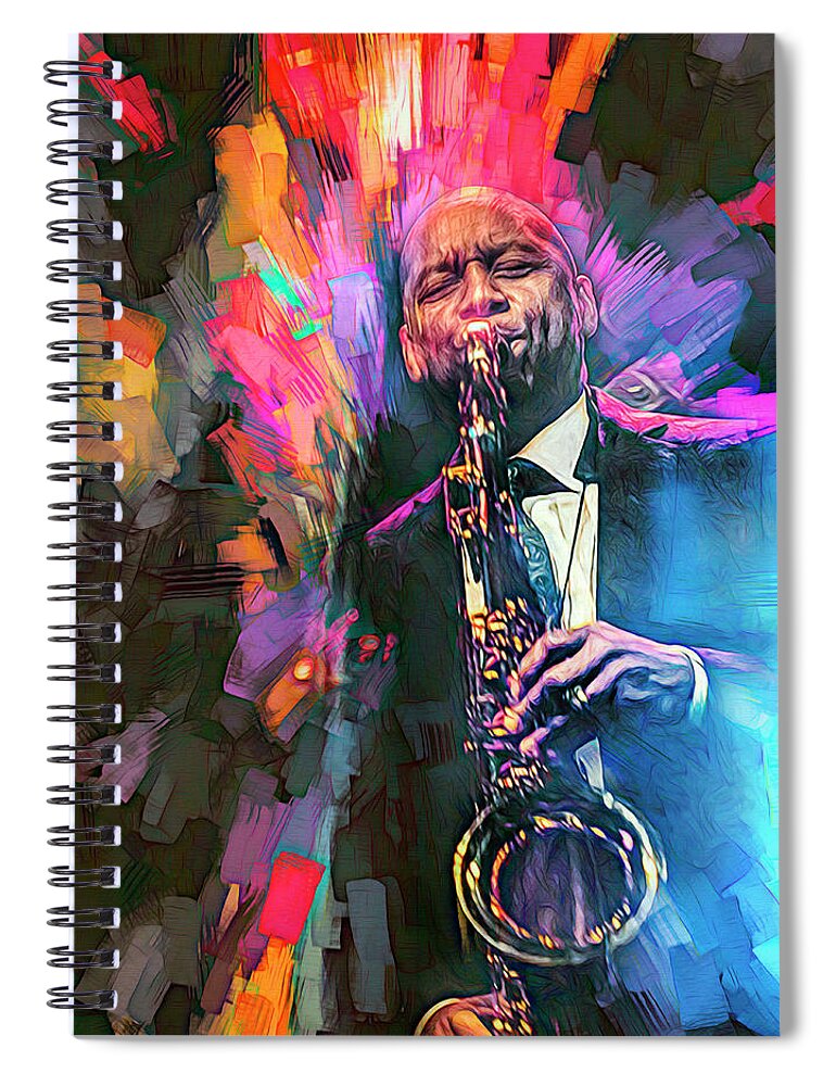 Branford Marsalis Spiral Notebook featuring the mixed media Branford Marsalis Musician by Mal Bray