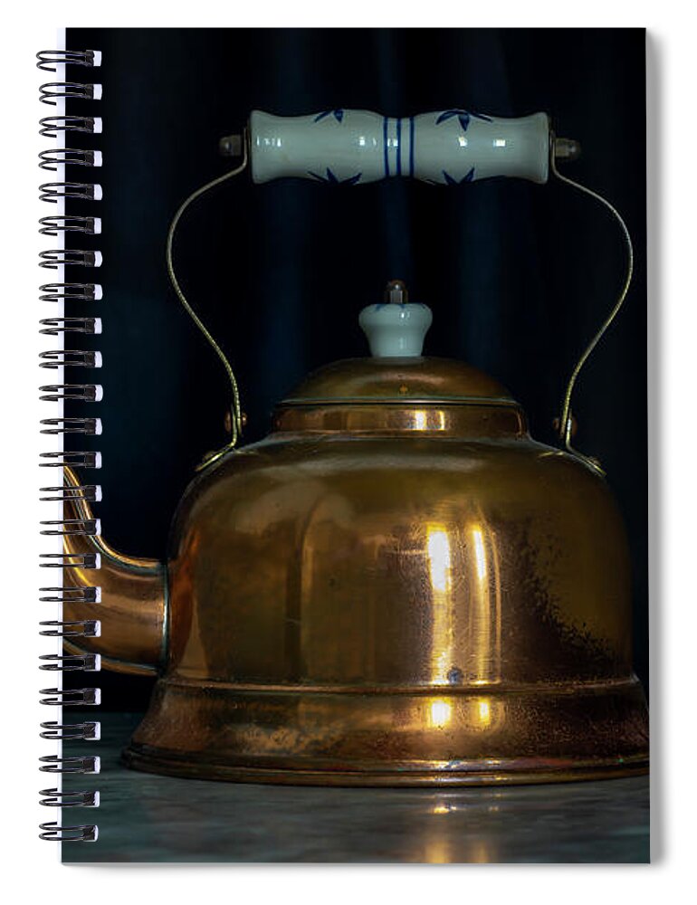Past Spiral Notebook featuring the photograph Brass Teapot Black Background Marble Table by Pablo Avanzini
