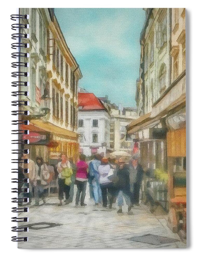 Bratislava Spiral Notebook featuring the painting Bratislava Street Scene by Jeffrey Kolker