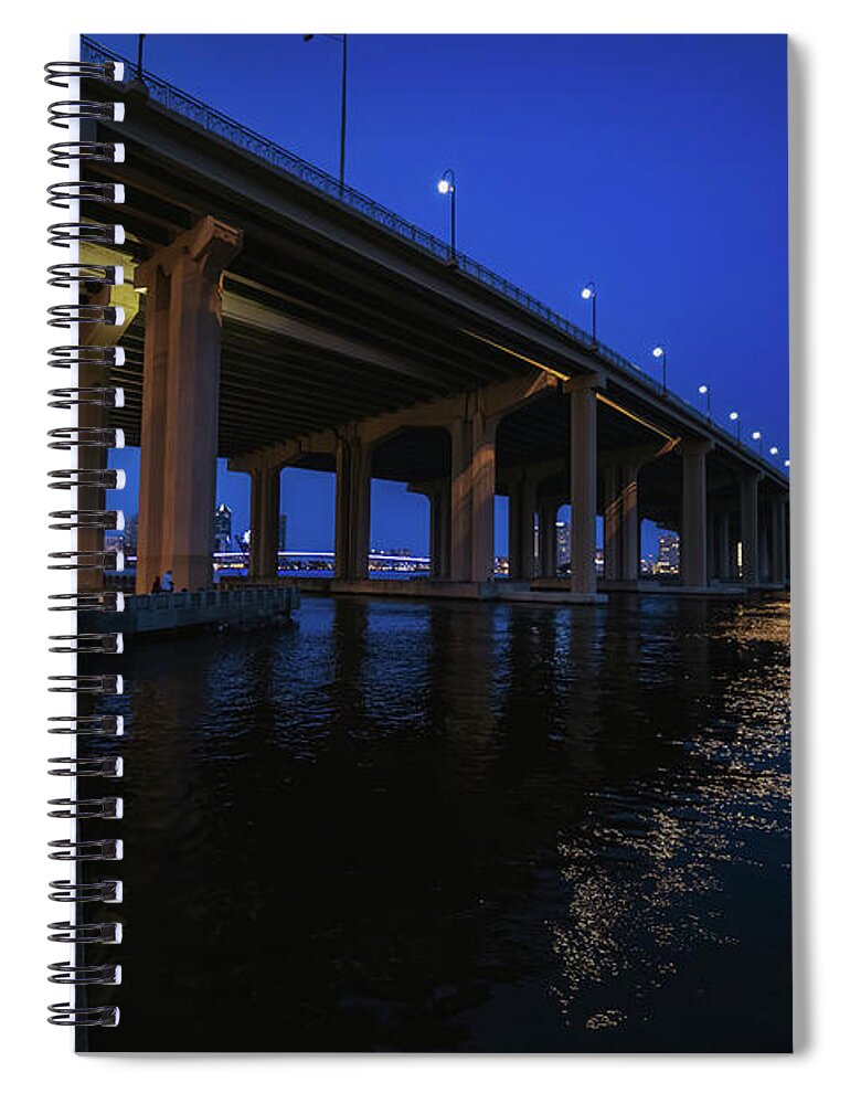 Fuller Warren Bridge Spiral Notebook featuring the photograph Bridge at Night The Beauty of the Fuller Warren Bridge in Jackso by Kim Seng