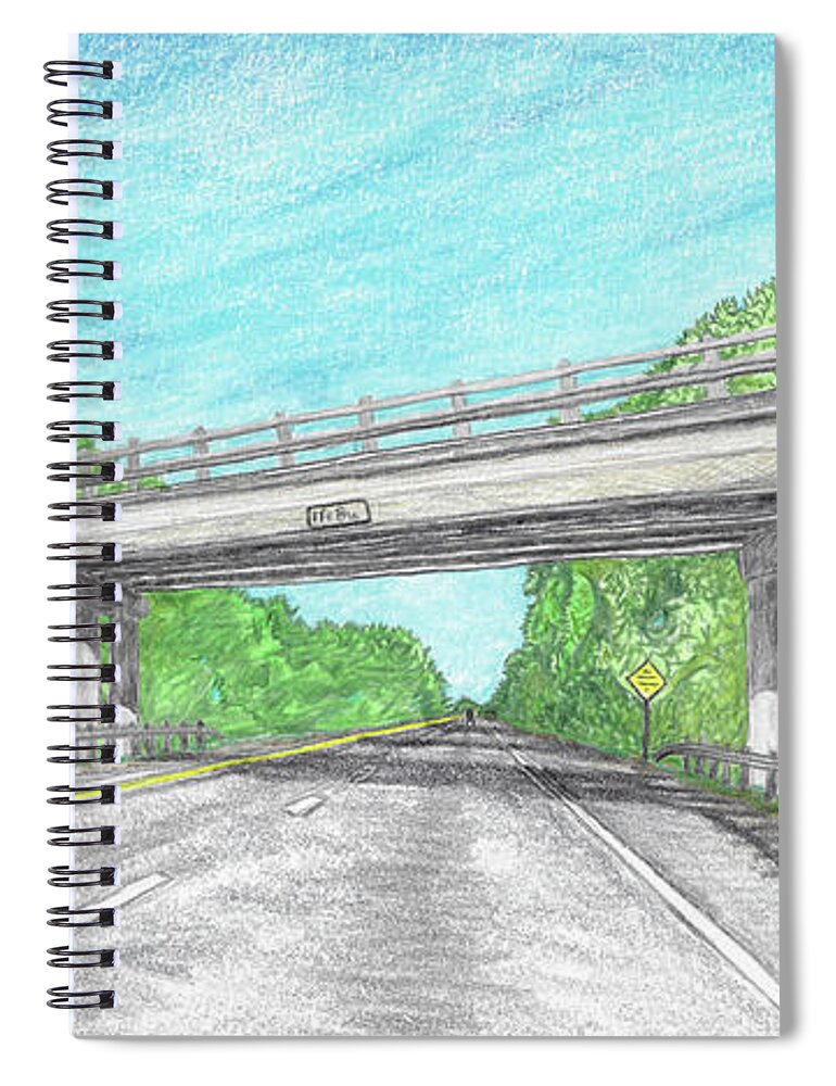 Bridge Spiral Notebook featuring the drawing Bridge Crossing Highway by Teresamarie Yawn