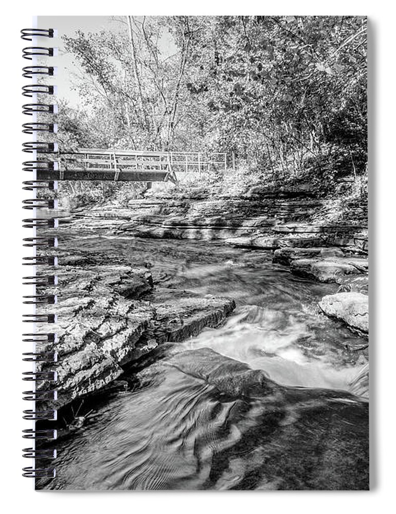 Tanyard Creek Nature Trail Spiral Notebook featuring the photograph Bridge Over Tanyard Creek Grayscale by Jennifer White