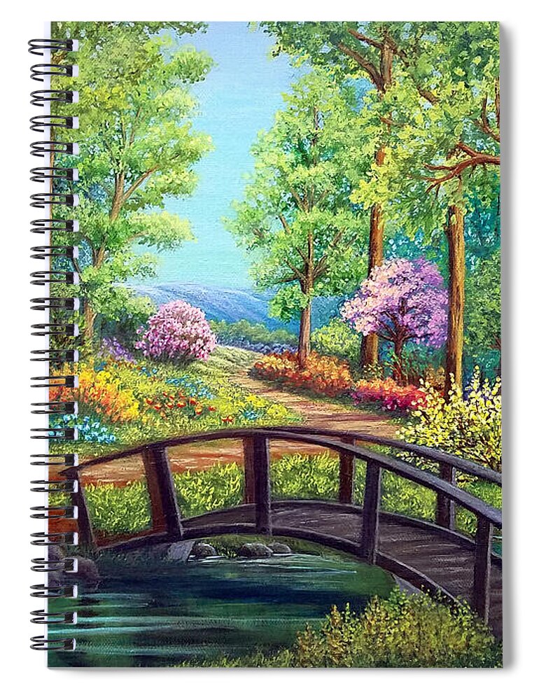 Bridge Spiral Notebook featuring the painting Bridge to Spring by Sarah Irland