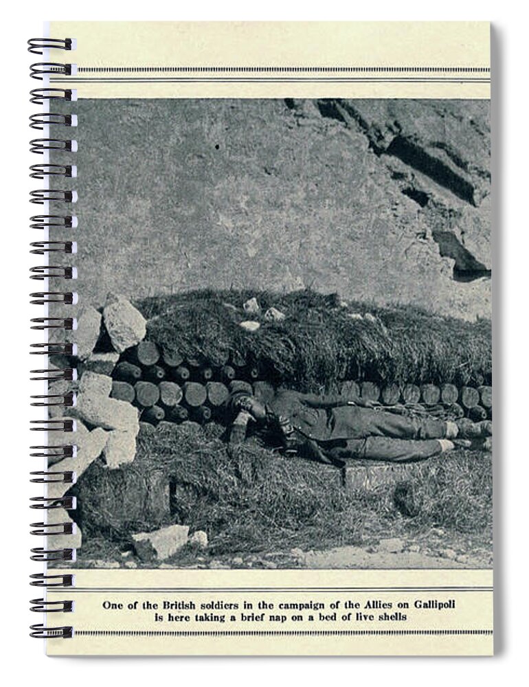 Dardanelles Spiral Notebook featuring the photograph BRITISH SOLDIER IN GALLIPOLI RESTING ON LIVE SHELLS k5 by Historic Illustrations