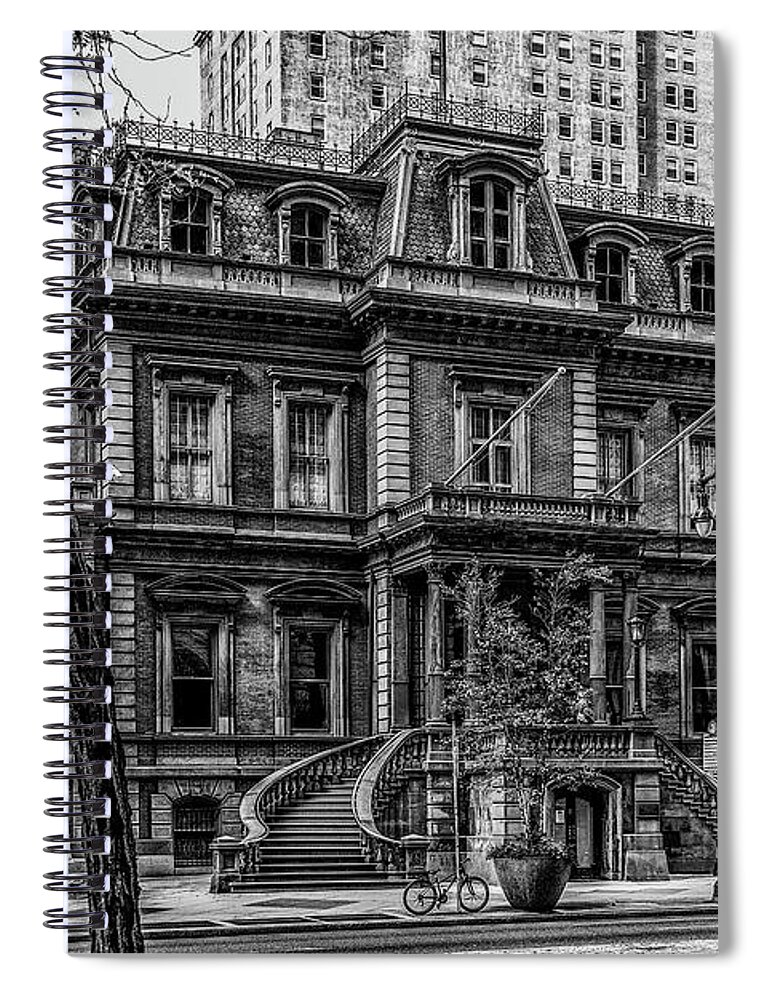 Black And White Spiral Notebook featuring the photograph Broad Street Philadelphia - The Union League Building in Black a by Bill Cannon