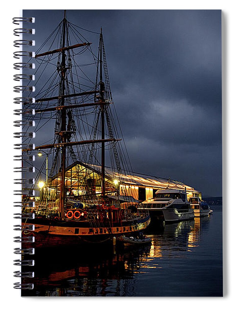 Brooke Spiral Notebook featuring the photograph Brooke Street Pier at night by Andrei SKY