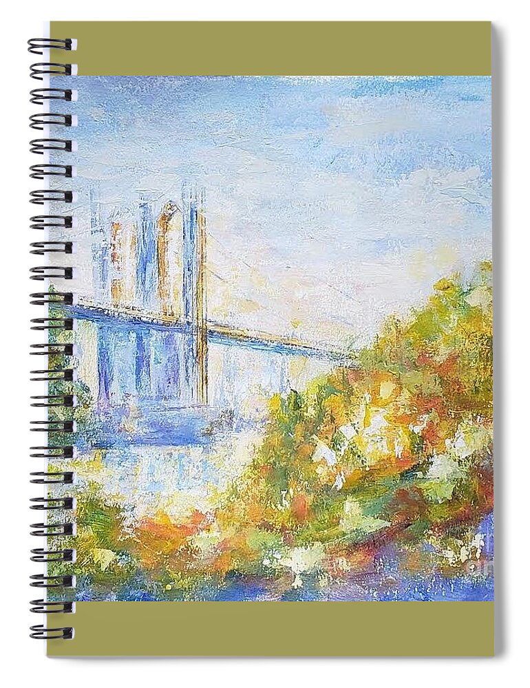 This Is Original Acrylic Painting Amazing Beautiful Brooklyn Bridge. This Painting Would Be Lovely In Any Room Where You Want To Create A Relaxed Atmosphere. Spiral Notebook featuring the painting Brooklyn bridge 1 by Olga Malamud-Pavlovich