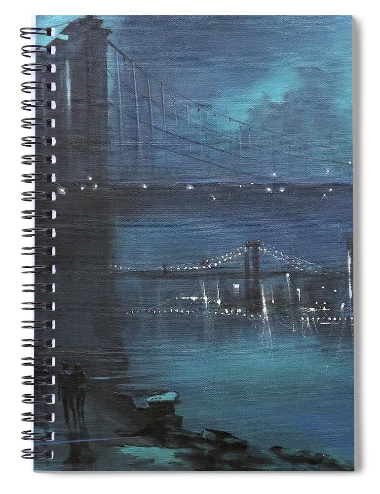 Brooklyn Bridge Spiral Notebook featuring the painting Brooklyn Bridge In Fog by Tom Shropshire
