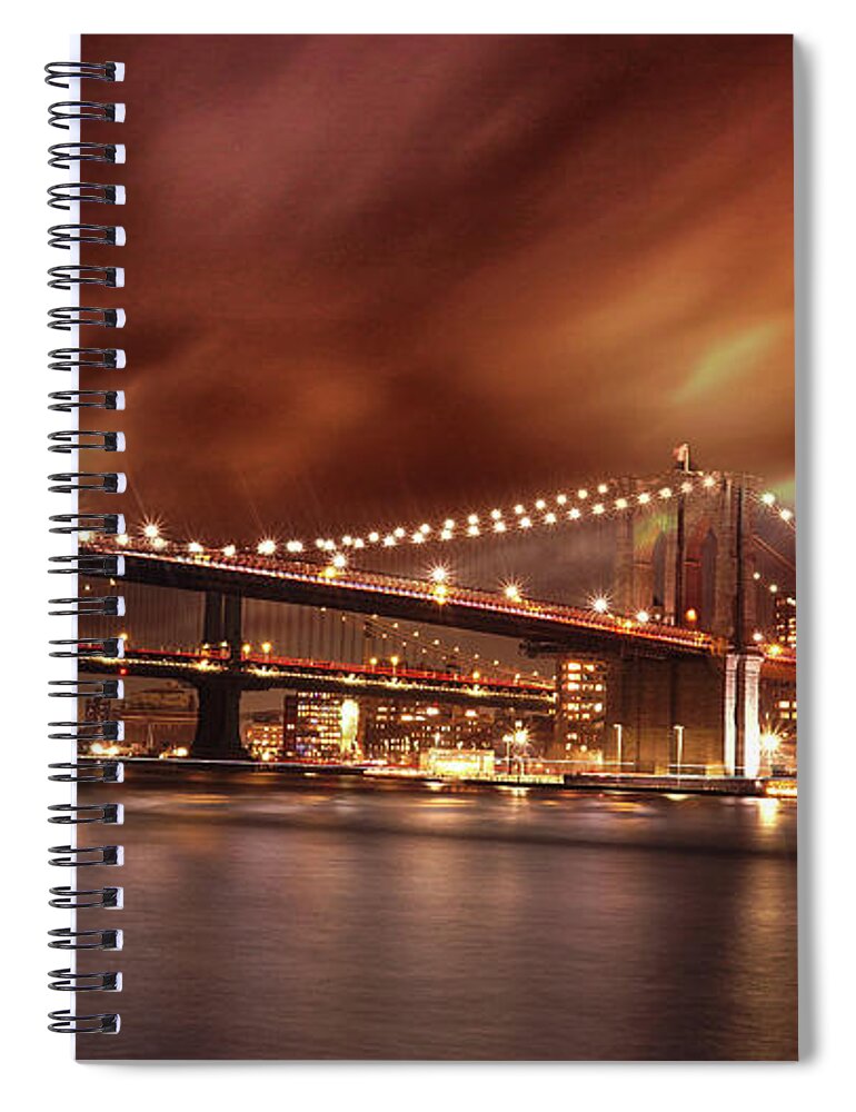 America Architecture Bridge Spiral Notebook featuring the photograph Brooklyn Bridge Clouded Sky by Montez Kerr