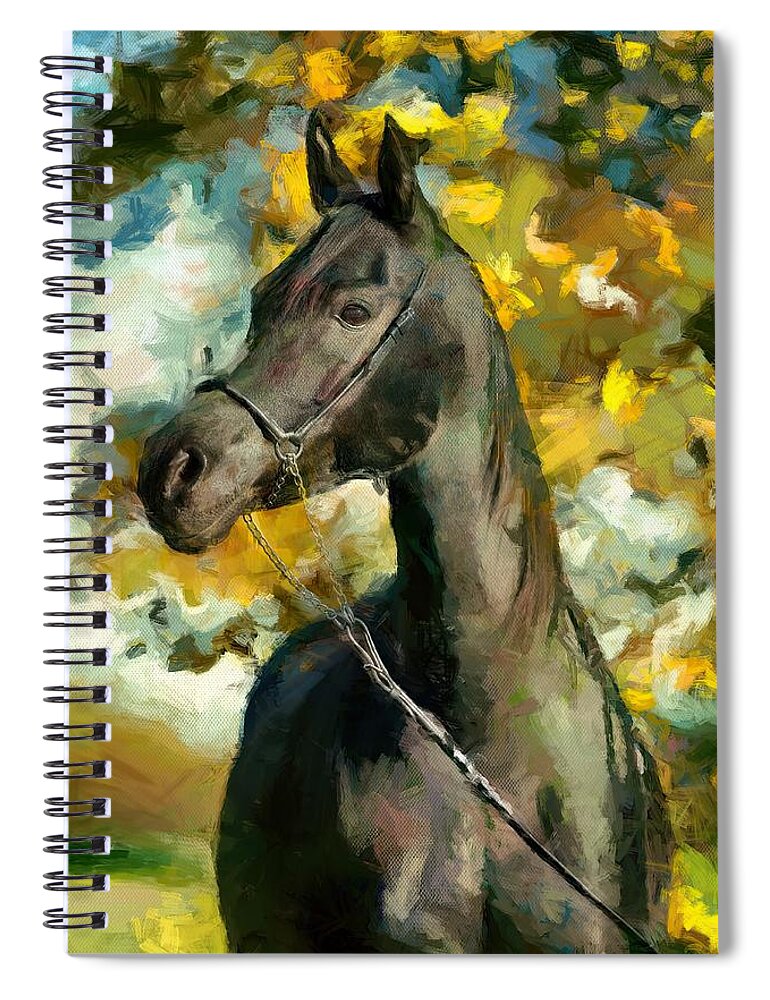 Arabian Horse Spiral Notebook featuring the digital art Brown arabian horse sitting in front of a tree - digital painting by Nicko Prints