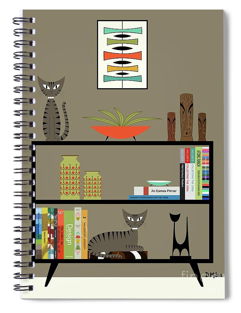Mid Century Modern Brown Gray Tabby Cats Spiral Notebook featuring the digital art Brown Gray Tabby Cats on Bookcase by Donna Mibus