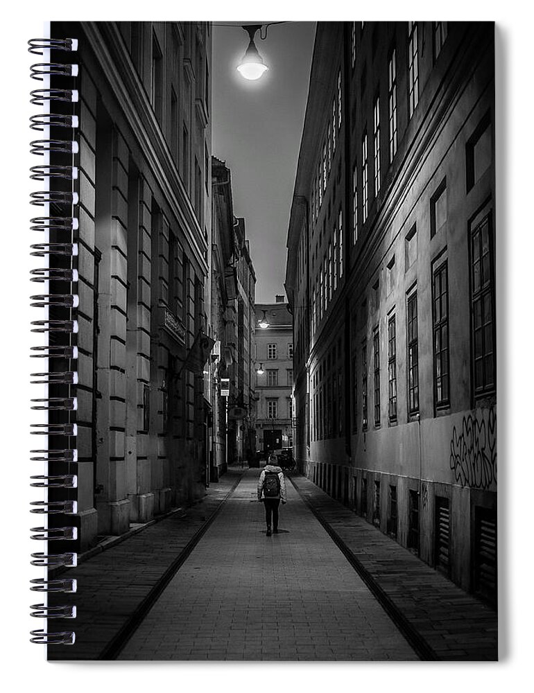 Bnw Spiral Notebook featuring the photograph Budapest Street at Night by Tito Slack