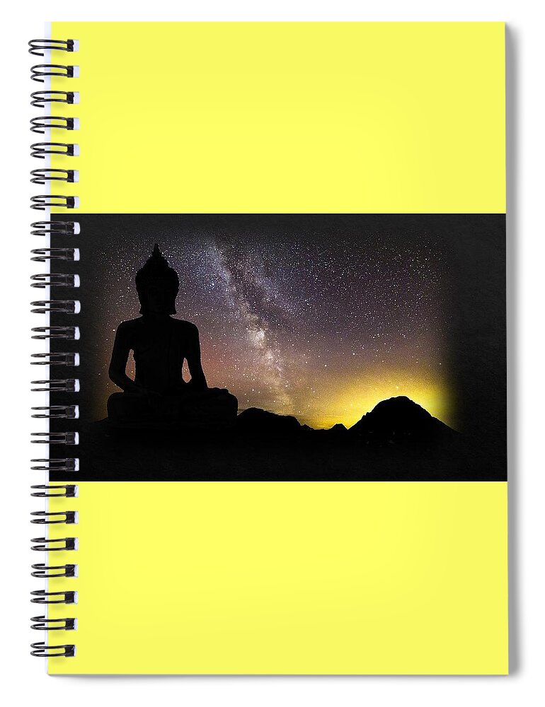 Buddha Spiral Notebook featuring the mixed media Buddha Against Night Sky by Nancy Ayanna Wyatt