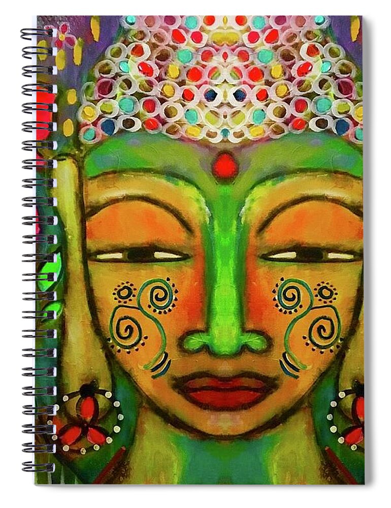 Buddha Spiral Notebook featuring the painting Buddha with red irises by Corina Stupu Thomas