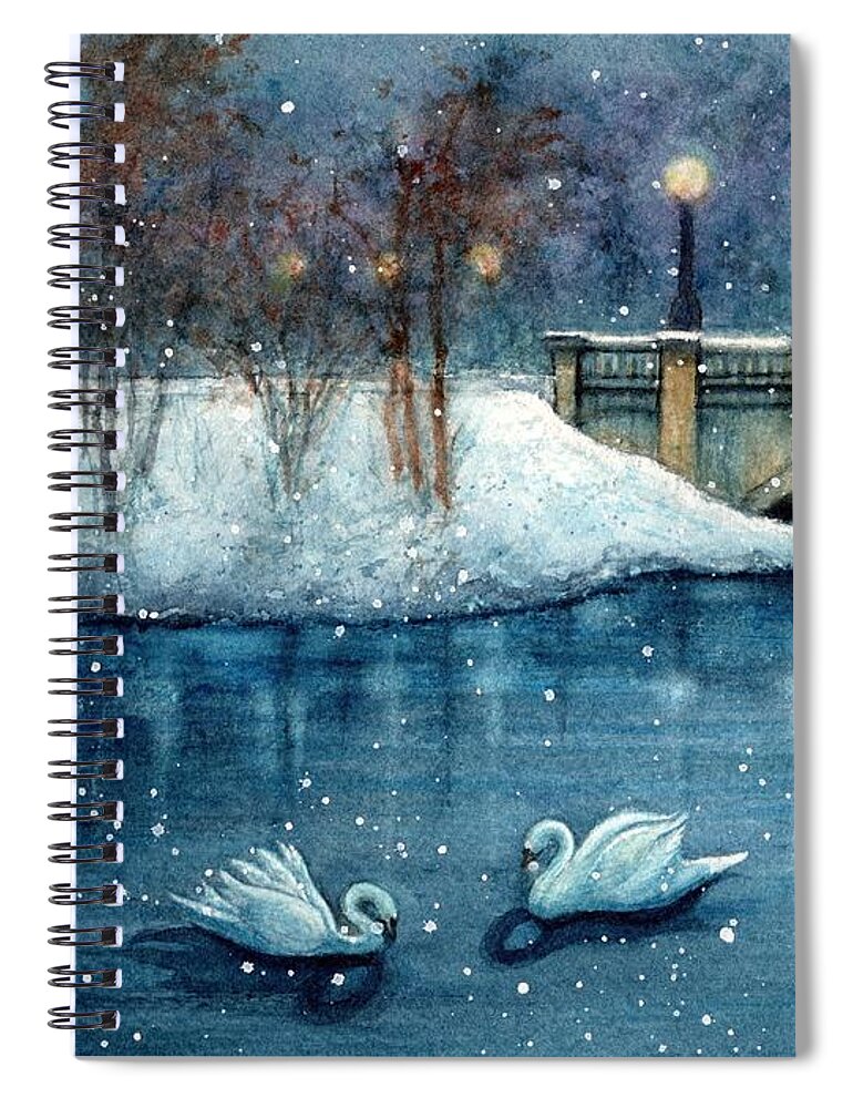 Park Spiral Notebook featuring the painting Buhl Park Winter Swan Duet Hermitage by Janine Riley