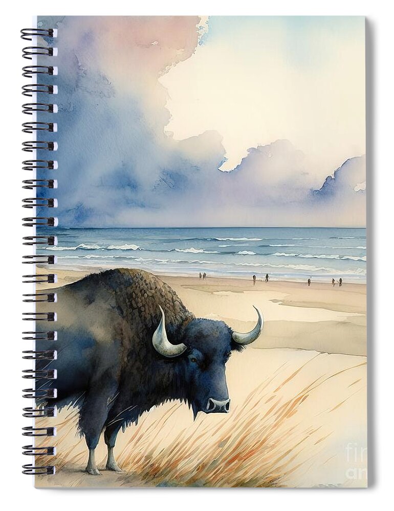 Bull Spiral Notebook featuring the painting Bull At The Beach by N Akkash