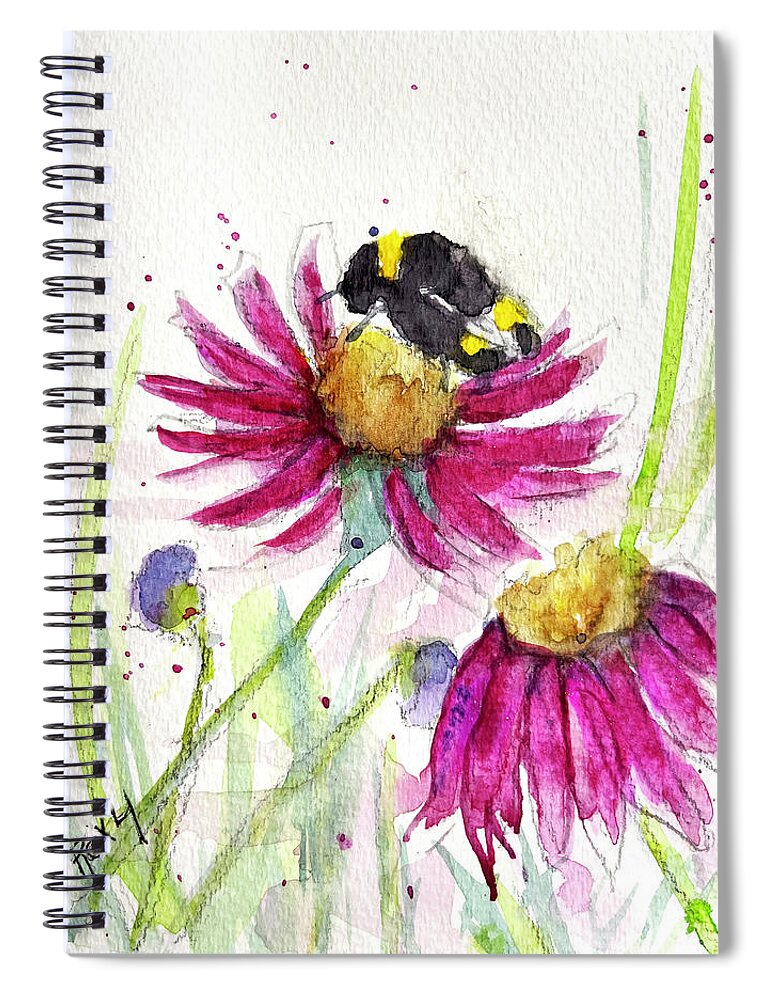 Bee Painting Spiral Notebook featuring the painting Bumble Bee in the Coneflowers by Roxy Rich