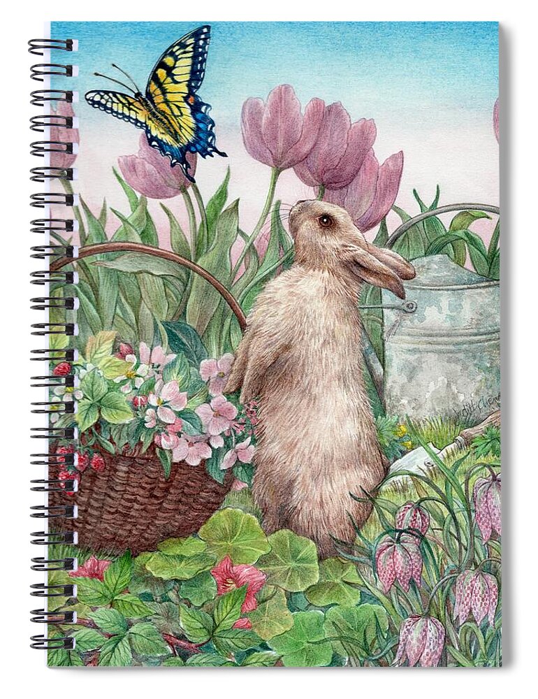 Illustrated Bunny Spiral Notebook featuring the painting Bunny in Spring Garden by Judith Cheng