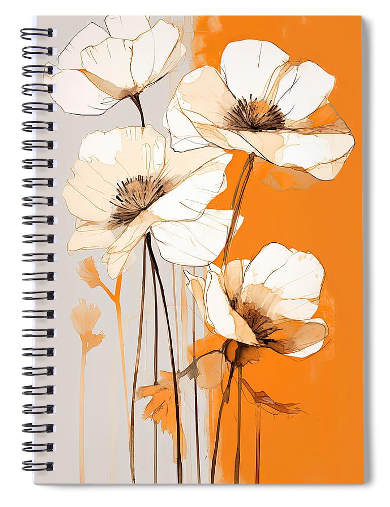 White Flowers On Burnt Orange And Turquoise Background Spiral Notebook featuring the painting Burnt Orange Wall Art by Lourry Legarde